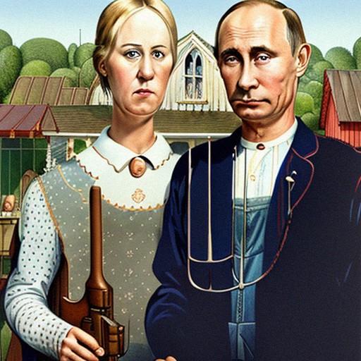 American Gothic Painting by Grant Wood with Vladimir Putin holding an AK-47 alongside Lauren Boebert1.jpg